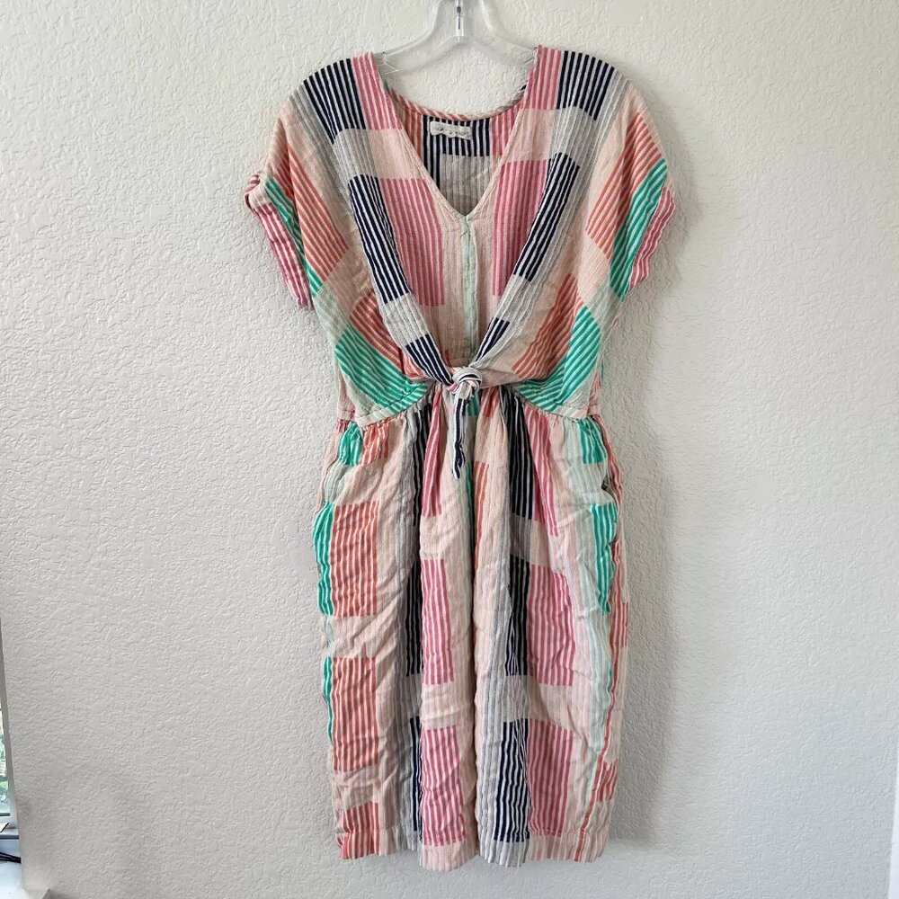Lou & Grey For Loft Striped Geo Tie-Waist Pocket Midi Dress